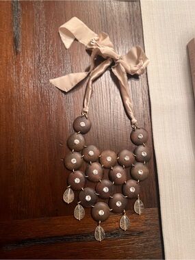 Statement Brown wooden Beaded Ribbon Necklace with Crystal Accents